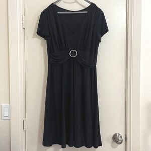 Perceptions New York Womens Empire Waist Dress 16 Black Rhinestone Buckle Ruched